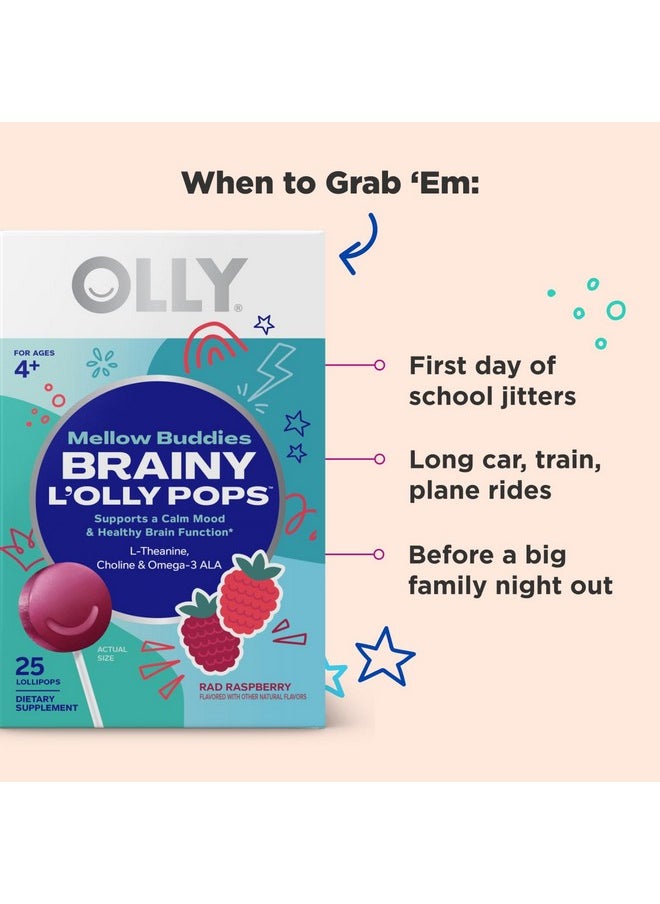 OLLY - OLLY Mellow Buddies L’OLLY Pops, Omega-3 ALA, L-Theanine, Choline, Kids Supplement Lollipops, Supports a Calm Mood & Healthy Brain Function, Vegetarian, Raspberry, 25 Count - Image 1
