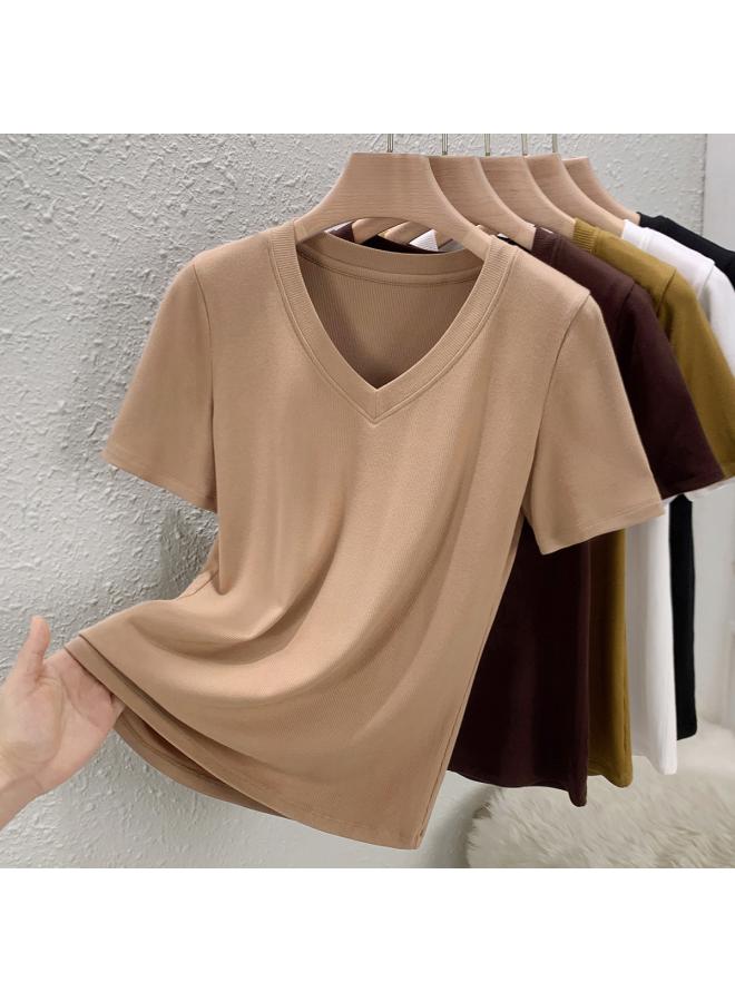 V-neck Short Sleeve Undershirt Half Sleeve T-shirt For Women Early Spring Women's New Short White 688 Top