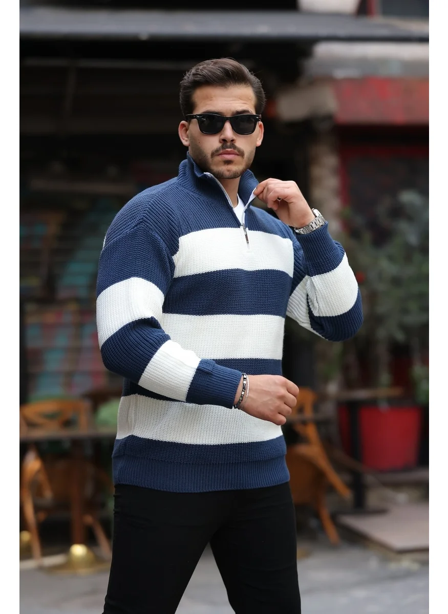 Valiberta Striped Selanik Knitted Half Zipper Knitwear Men's Sweater - Indigo