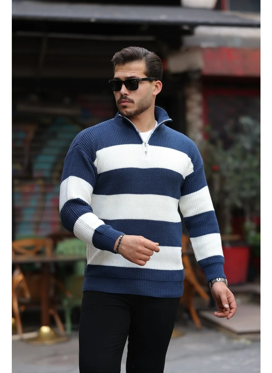 Valiberta Striped Selanik Knitted Half Zipper Knitwear Men's Sweater - Indigo