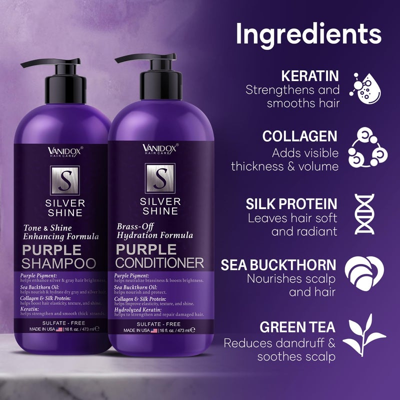 VANIDOX Sulfate Free Brass Toning Purple Shampoo and Conditioner Set for Grey and Silver Hair, Moisturizing & Color-Safe, Enhances Shine & Brightness, Made in USA (16 fl oz each) - Image 4