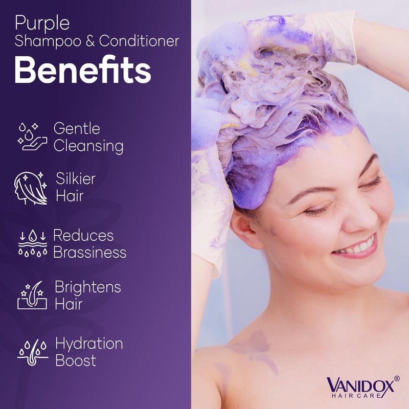 VANIDOX Sulfate Free Brass Toning Purple Shampoo and Conditioner Set for Grey and Silver Hair, Moisturizing & Color-Safe, Enhances Shine & Brightness, Made in USA (16 fl oz each) - Image 3