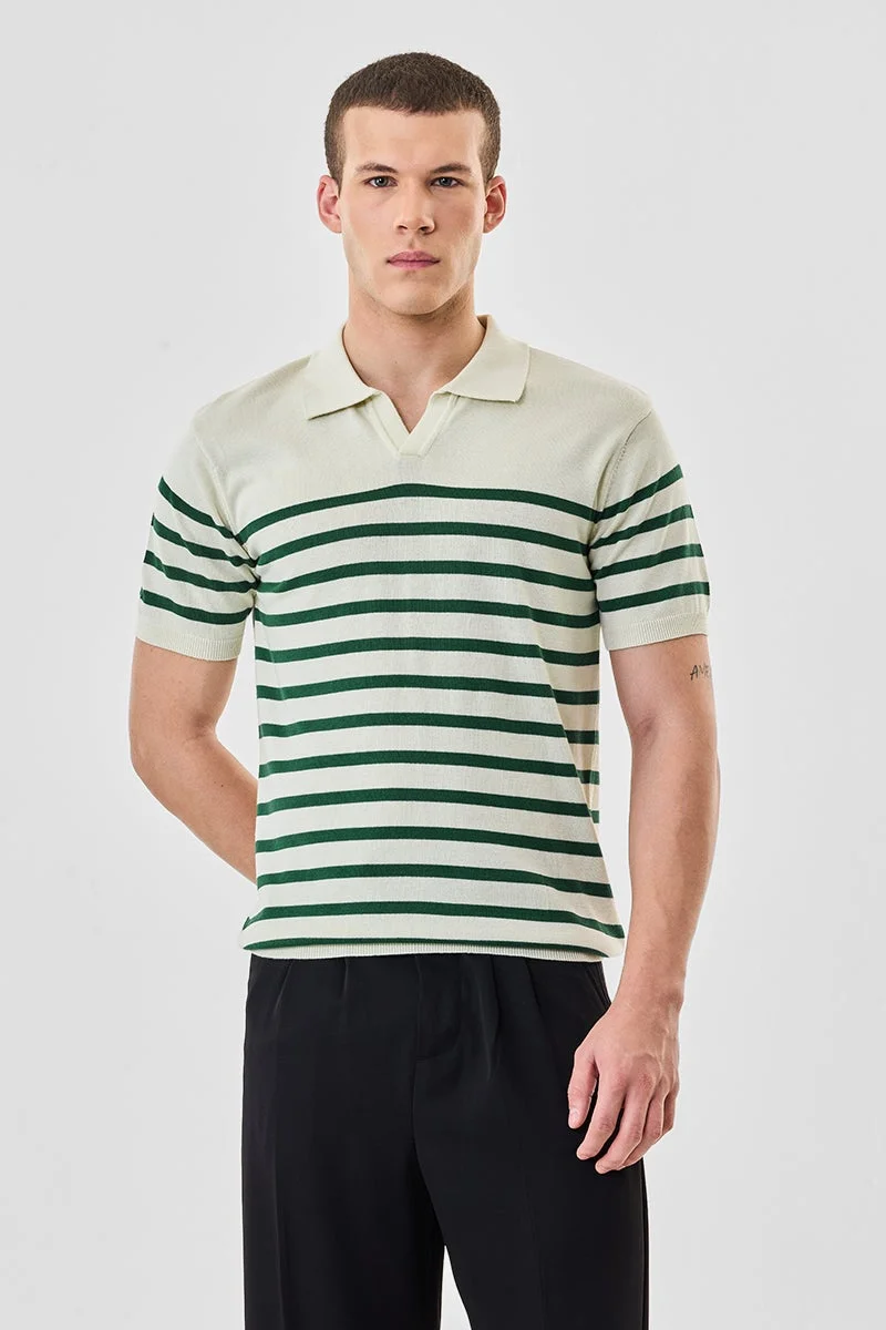 SNITCH Cream Striped Half Sleeve Slim Fit T-Shirt