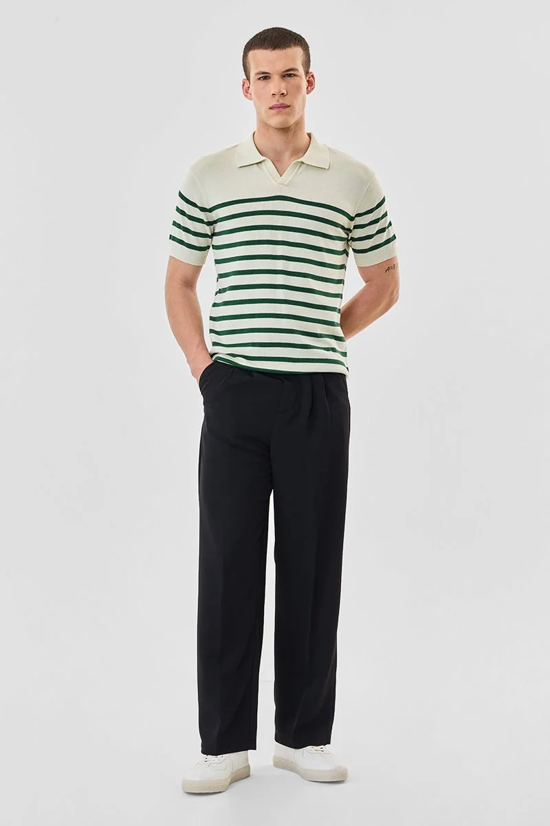 SNITCH Cream Striped Half Sleeve Slim Fit T-Shirt