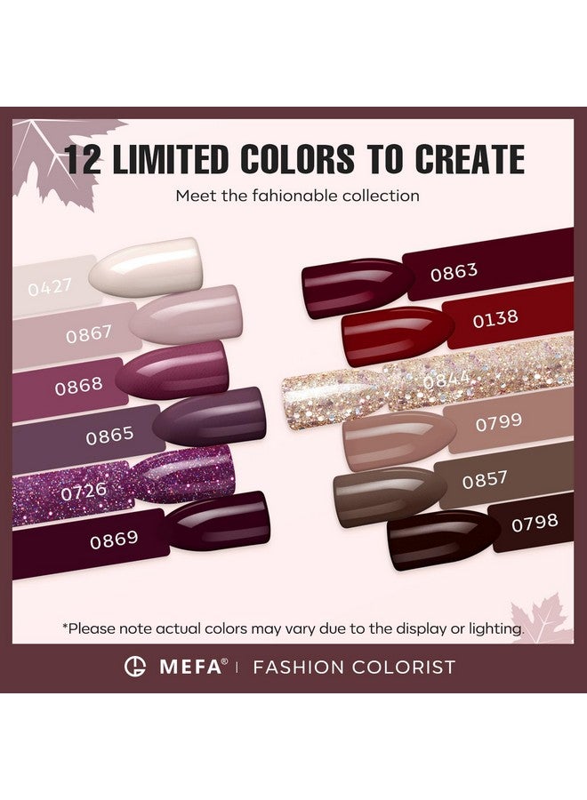 MEFA Gel Nail Polish Set, 12 Colors Burgundy Red Gel Polish Set Champagne Gold Glitter Nail Polish Gel Soak Off Dark Red Purple Shimmer Nude Brown Gel Nail Gifts for Women Girl DIY Salon Home Manicure - Image 2
