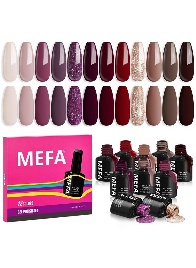 MEFA Gel Nail Polish Set, 12 Colors Burgundy Red Gel Polish Set Champagne Gold Glitter Nail Polish Gel Soak Off Dark Red Purple Shimmer Nude Brown Gel Nail Gifts for Women Girl DIY Salon Home Manicure - Image 1