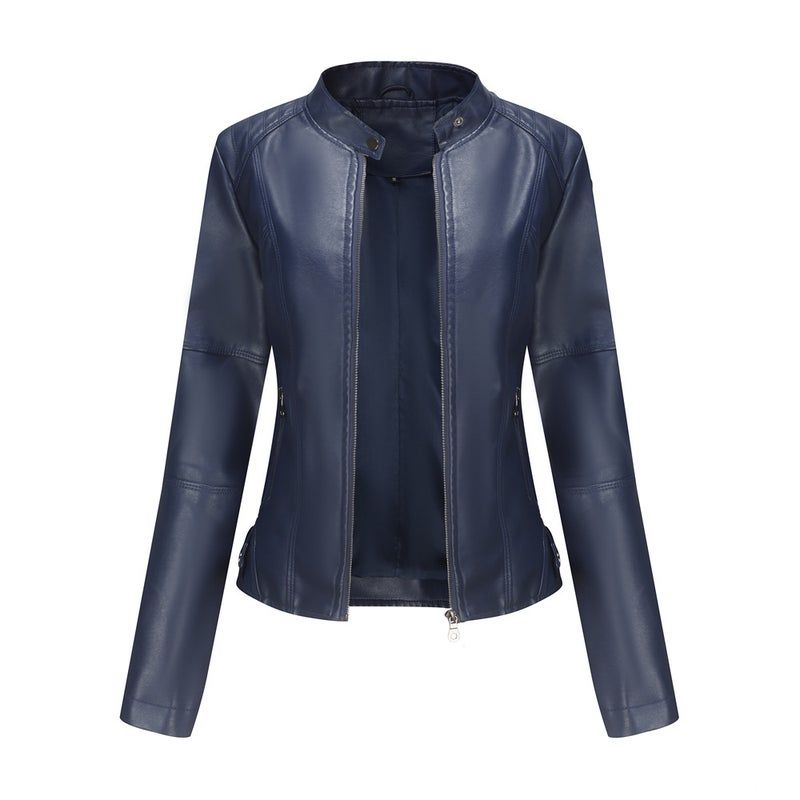 Women's Slim Fit PU Faux Leather Biker Jacket with Stand Collar and Zip Front, Lightweight Spring Autumn Coat - Image 1