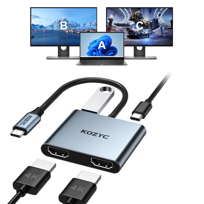 KOZYC USB C to Dual HDMI Adapter 4K@30Hz, KOZYC USB C Hub Multiport Adapter with 2xHDMI, USB 3.0, 100W PD, Support USB C to HDMI Splitter Extended Display for MacBook Pro (MST is not Supported on MacOS) - Image 1