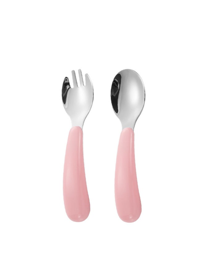 304 Stainless Steel Children's Cartoon Tableware Feeding Household Spoon Baby Food Supplement Tableware Spoon Fork Two-piece Set-Specifications:Pink Spoon Fork - Image 1