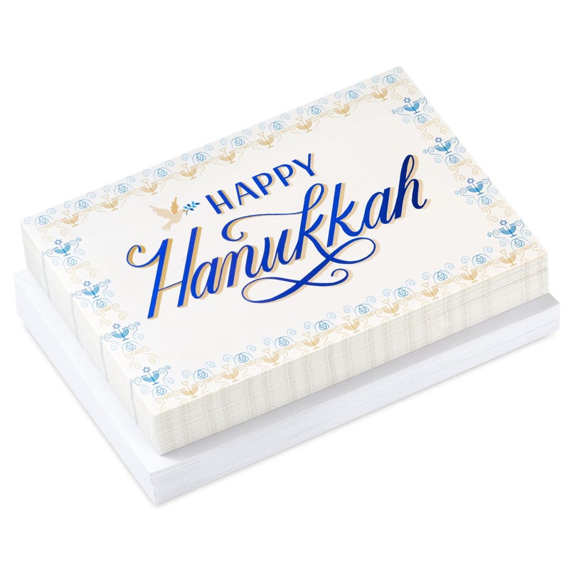 Hallmark Tree of Life Bulk Hanukkah Boxed Cards (40 Cards and 40 Envelopes) Blue with Gold Foil Menorahs  Star of David  Peace Dove - Image 3