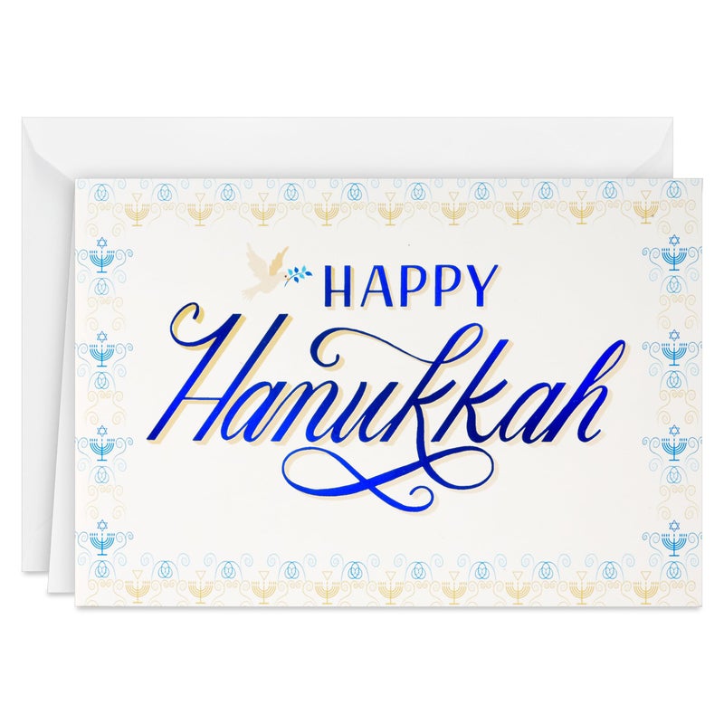 Hallmark Tree of Life Bulk Hanukkah Boxed Cards (40 Cards and 40 Envelopes) Blue with Gold Foil Menorahs  Star of David  Peace Dove - Image 1