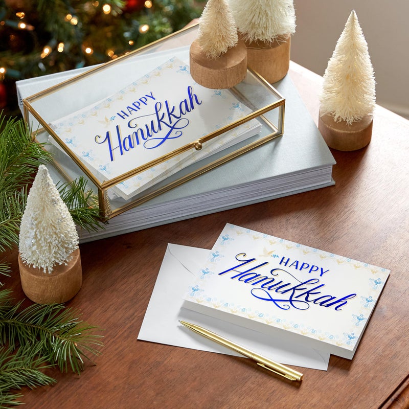 Hallmark Tree of Life Bulk Hanukkah Boxed Cards (40 Cards and 40 Envelopes) Blue with Gold Foil Menorahs  Star of David  Peace Dove - Image 2