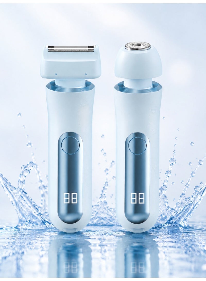 2-In-1 Bikini Trimmer for Women, Rechargeable Cordless Electric Body Shaver with Dual Heads, LED Digital Display, Type-C Charging, Wet & Dry Hair Remover for Legs, Underarms, Arms, Face & Bikini Area, Blue
