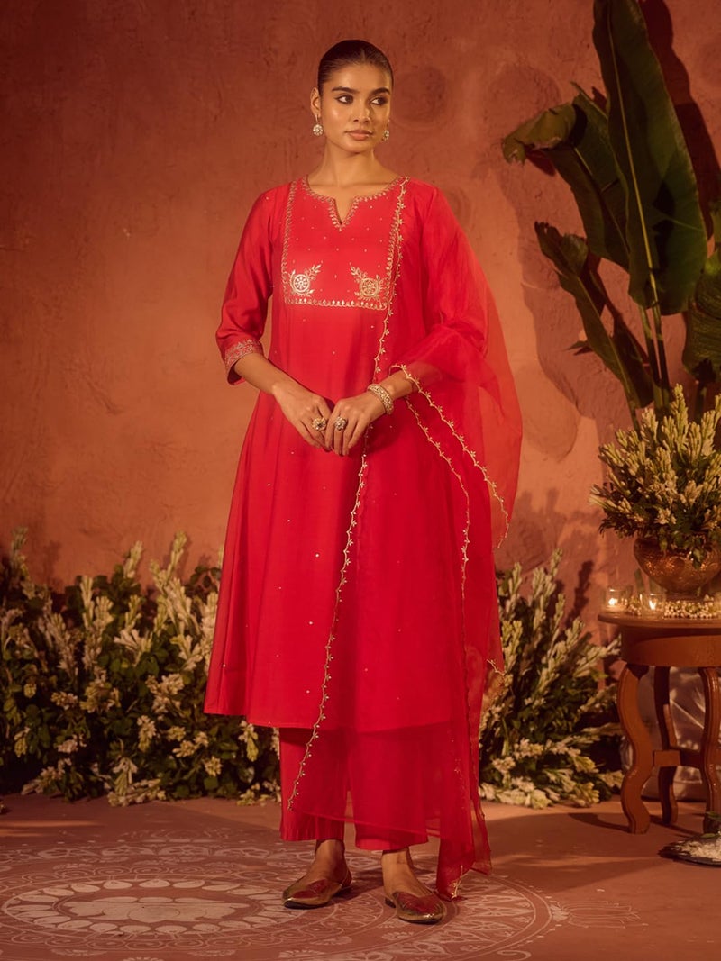 FIORRA Women’s Red Viscose Chanderi Embroidered Ethnic A-Line Kurta Set with Dupatta SET0231 - Image 2