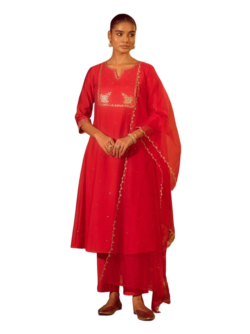 FIORRA Women’s Red Viscose Chanderi Embroidered Ethnic A-Line Kurta Set with Dupatta SET0231 - Image 1