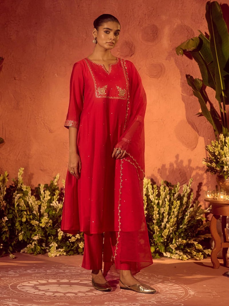 FIORRA Women’s Red Viscose Chanderi Embroidered Ethnic A-Line Kurta Set with Dupatta SET0231 - Image 5