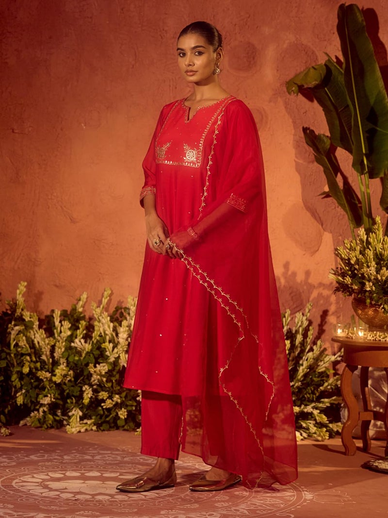 FIORRA Women’s Red Viscose Chanderi Embroidered Ethnic A-Line Kurta Set with Dupatta SET0231 - Image 4