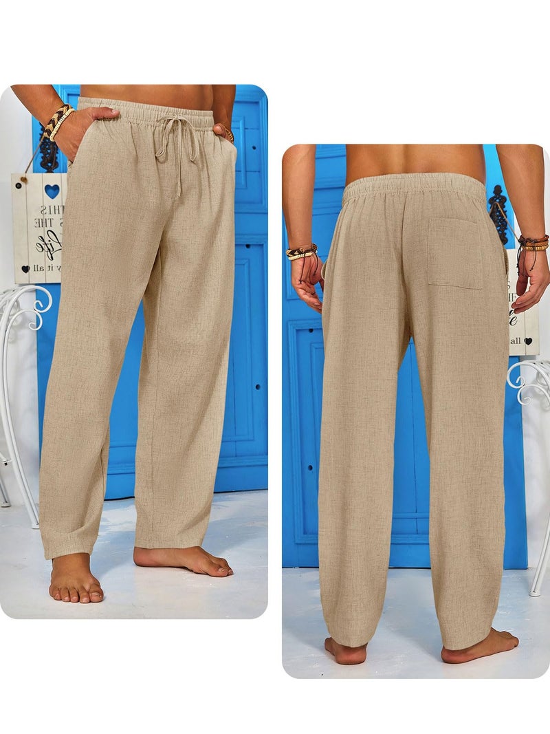 Runcati Mens Casual Linen Pants Elastic Waist Drawstring Summer Beach Pants Lightweight Loose Fit Yoga Trousers - Image 3
