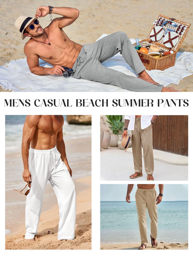 Runcati Mens Casual Linen Pants Elastic Waist Drawstring Summer Beach Pants Lightweight Loose Fit Yoga Trousers - Image 4