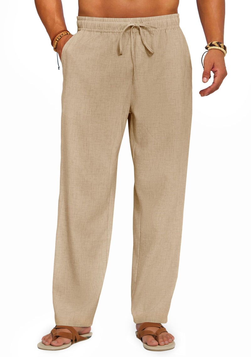 Runcati Mens Casual Linen Pants Elastic Waist Drawstring Summer Beach Pants Lightweight Loose Fit Yoga Trousers - Image 1