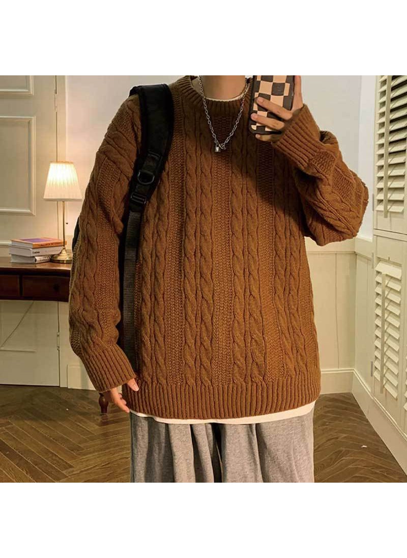 Generic Mens Loose-Fit Vintage Thickened Casual Knit Sweater Round Neck Pullover Hong Kong Style Fall Winter Fashion Trendy Knitwear Brown  - Image 1