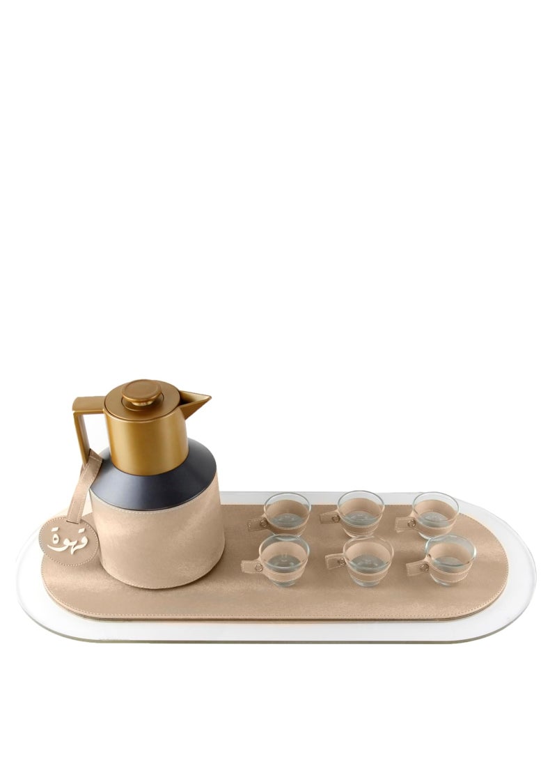 Lamsit Ibdaa - LAMSIT IBDAA Coffee Thermo Flask | Coffee and Tea Vacuum Pot - 1.0 Litre Dallah Arabic Carafe – Drink Cups – Leather Hospitality Set - Heat Insulated Dalla (Beige, Set of coffee with oval tray) - Image 1