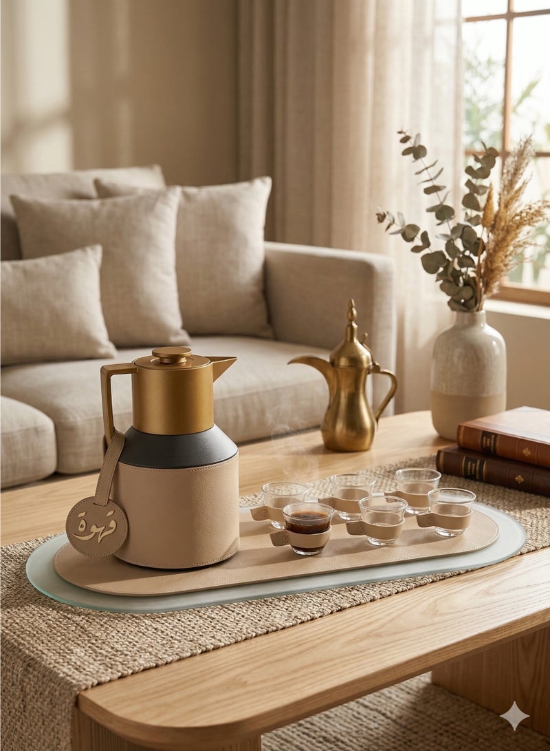 LAMSIT IBDAA Coffee Thermo Flask | Coffee and Tea Vacuum Pot - 1.0 Litre Dallah Arabic Carafe – Drink Cups – Leather Hospitality Set - Heat Insulated Dalla (Beige, Set of coffee with oval tray) - Image 4