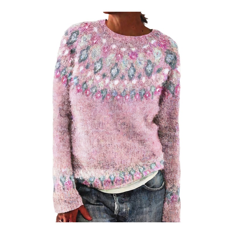 Women's Round Neck Loose Fit Color Block Pullover Knit Sweater - Image 1