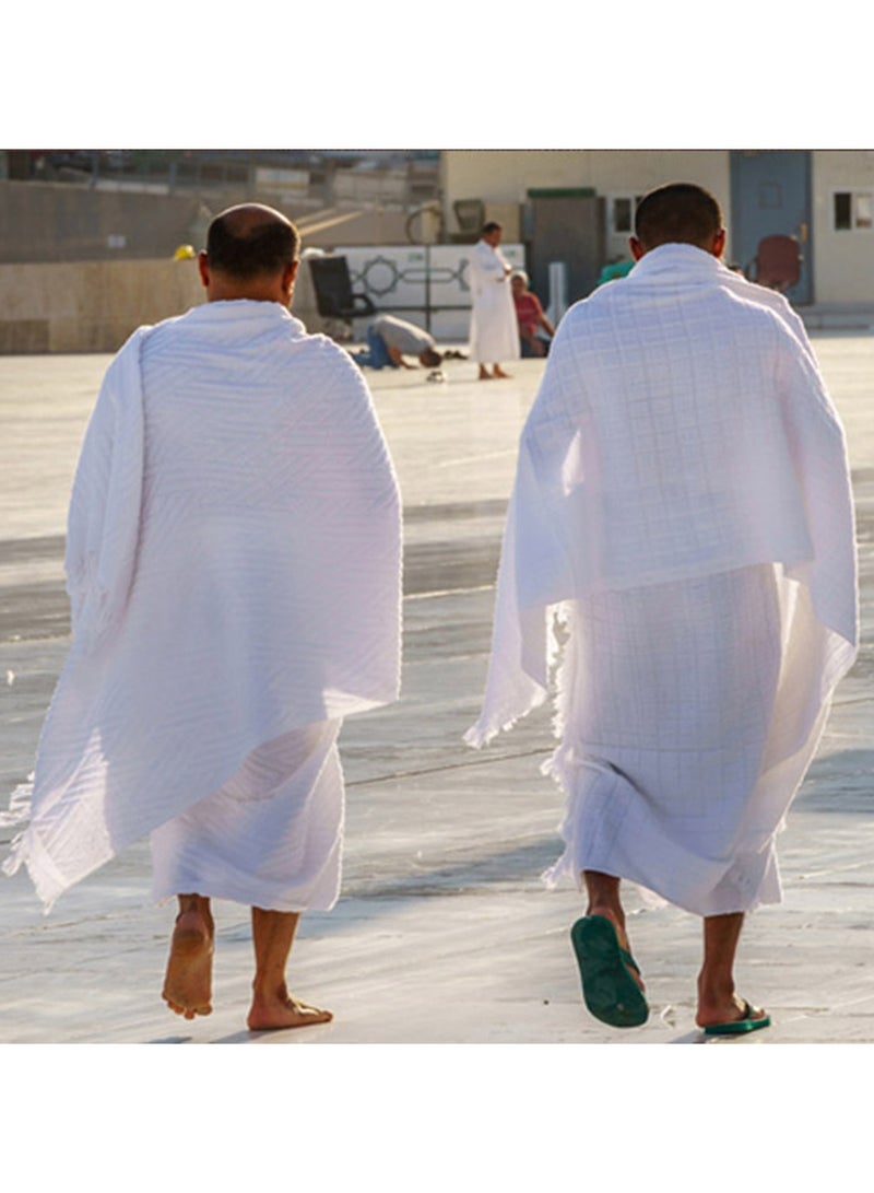 Hanyimidoo 2-Piece Religion Cloth Jacquard Weave with Tassel White A Luxurious Ihram For Men 1000g - Image 2