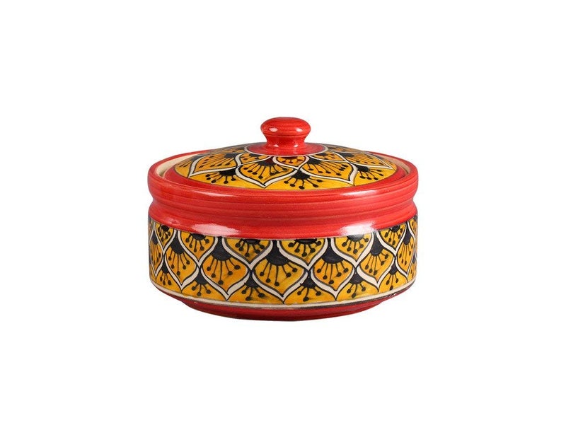 Caffeine Ceramic Handmade Orange Morocco Serving Donga with lid Set of 3 1 large 1 medium 1 small - Image 2