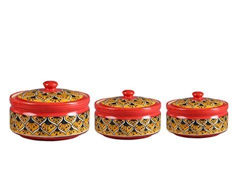 Caffeine Ceramic Handmade Orange Morocco Serving Donga with lid Set of 3 1 large 1 medium 1 small - Image 1