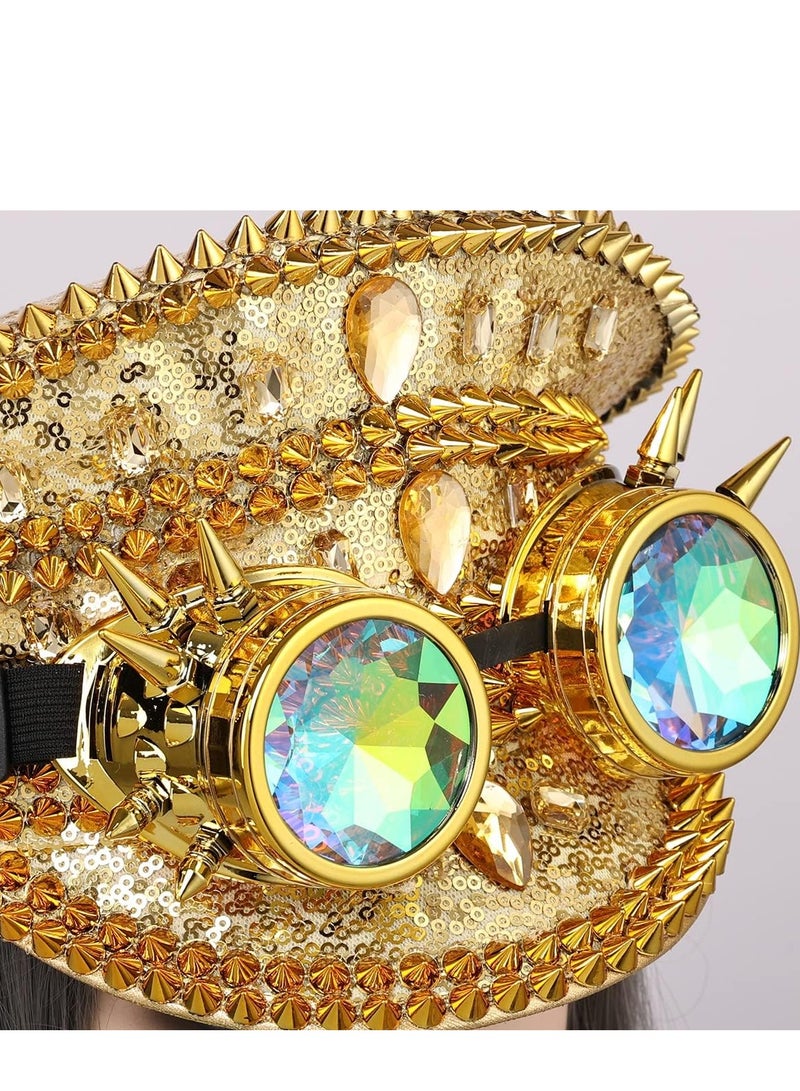 Captaintech Steampunk Top Hats Sequin Glamorous Burning Mucis Festival  Rhinestone Captain Caps with Goggles Crowns Party Disco  - Image 5