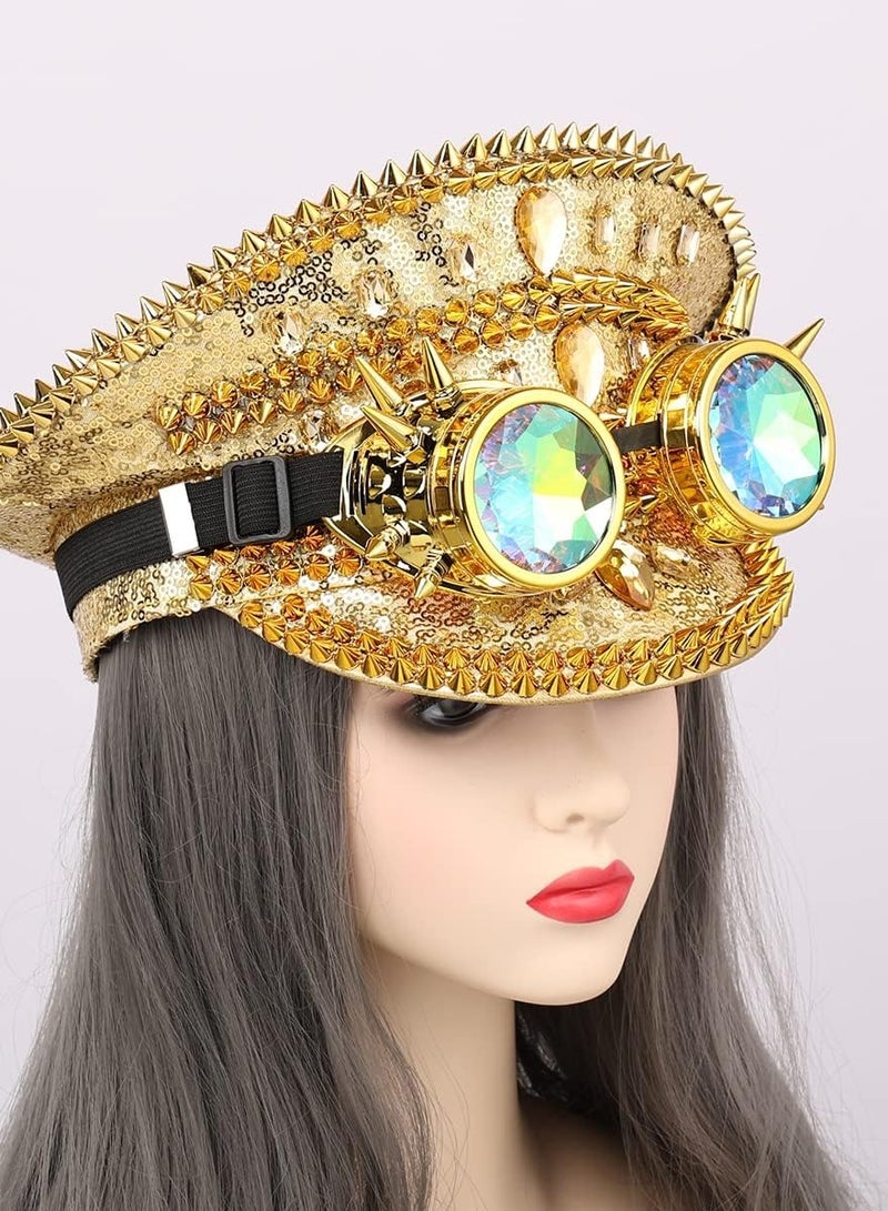 Captaintech Steampunk Top Hats Sequin Glamorous Burning Mucis Festival  Rhinestone Captain Caps with Goggles Crowns Party Disco  - Image 3