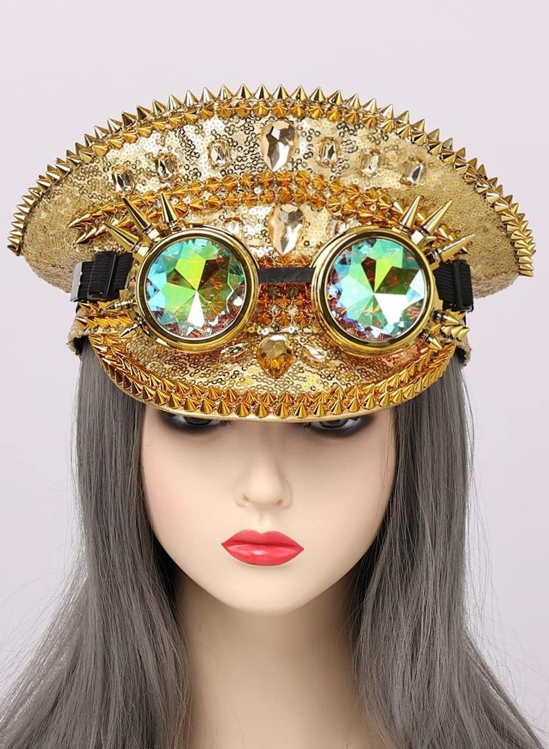 Captaintech Steampunk Top Hats Sequin Glamorous Burning Mucis Festival  Rhinestone Captain Caps with Goggles Crowns Party Disco  - Image 2