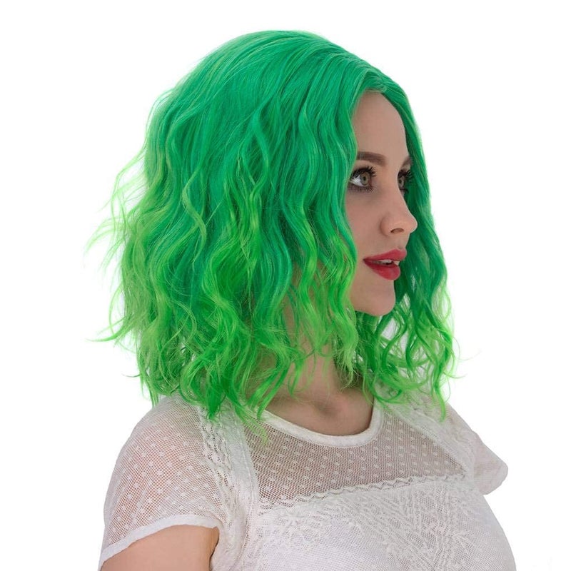 Aicos Short Curly Green Bob Wig  35cm Fashion Heat Resistant Anime Cosplay Wig for Daily Dress Carnival Party Masquerade  Free Wig Cap Included Bright Green Ombre