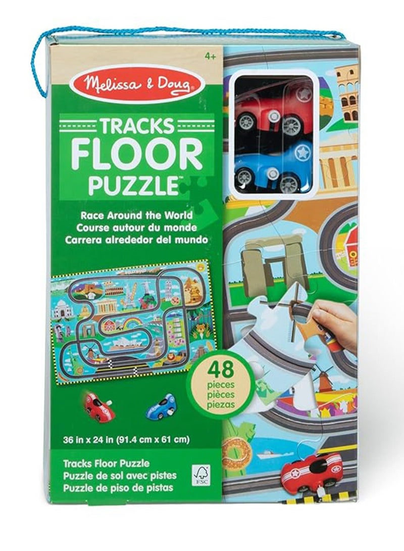 Melissa & Doug Melissa & Doug | Race Track Floor Puzzle & Play Set â€“ 48-Piece Jigsaw with 2 Wind-Up Cars | 3' x 2' Seaside Adventure Theme for Kids Ages 4+  - Image 1