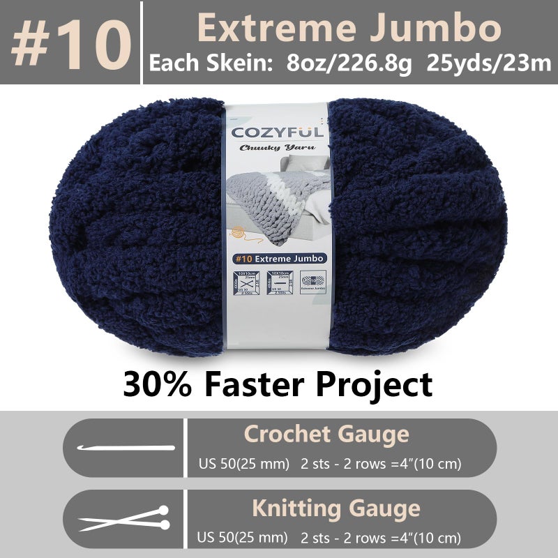 Cozyful Chunky Yarn for Hand Knitting - #10 Chunky Chenille Yarn, Jumbo Big Thick Chunky Yarns for Crocheting, Super Bulky Chunky Knit Blanket Yarns, 8 Skein (25 yds 8 oz Each Skein), Navy Blue - Image 2
