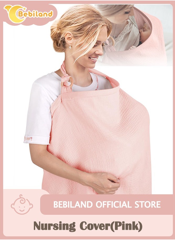 Bebiland Muslin Nursing Cover with Wooden Hoop, 100% Cotton Breastfeeding Cover, Soft and Breathable Privacy Nursing Apron for Mom (Pink)  - Image 1