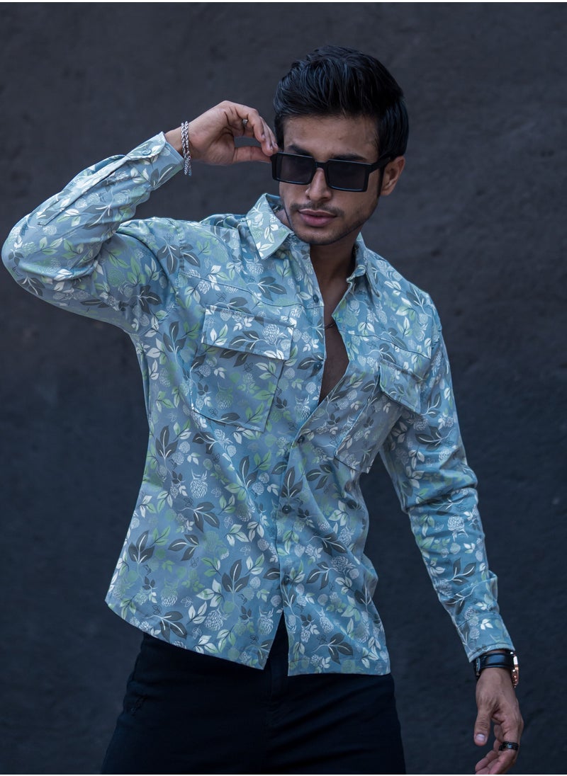 Maniac Maniac Mens All Over Printed Full Sleeve Blue Cotton Shirt  - Image 1