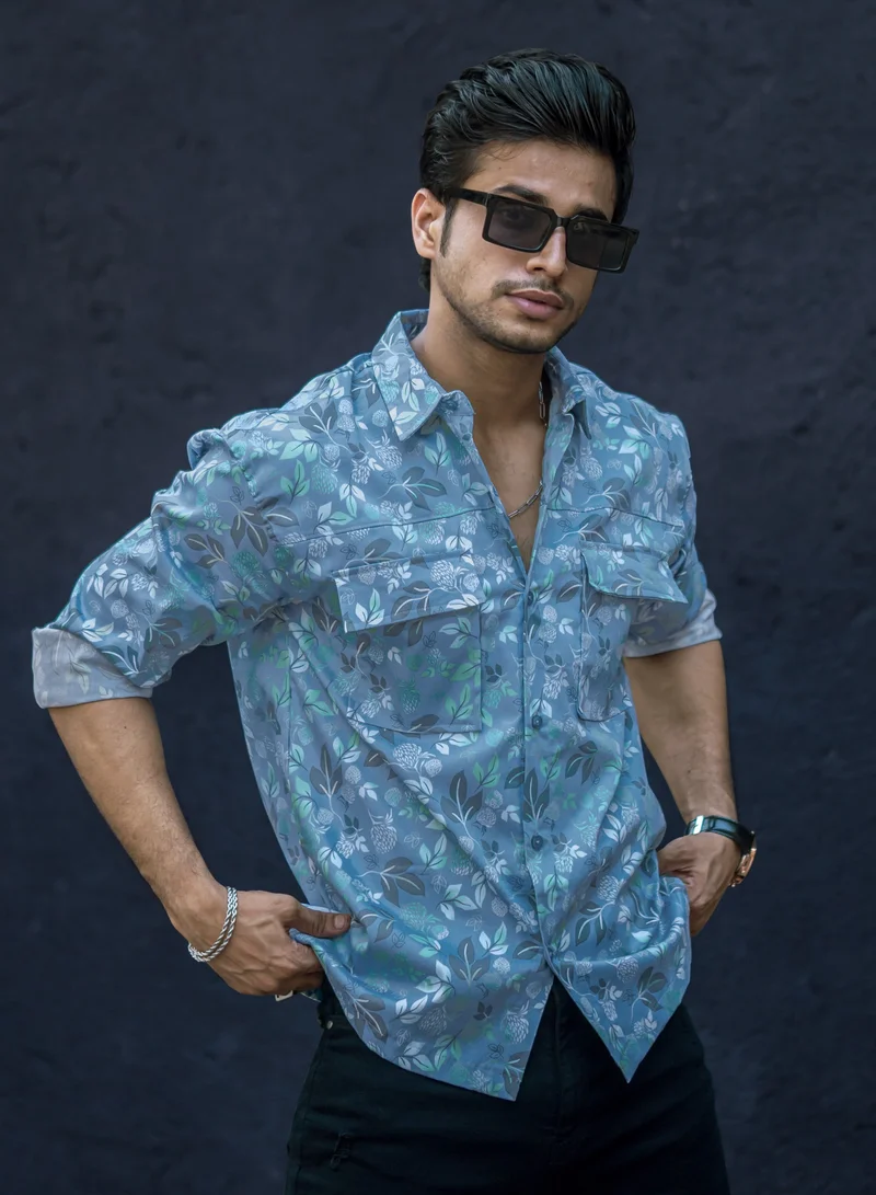 Maniac Maniac Mens All Over Printed Full Sleeve Blue Cotton Shirt