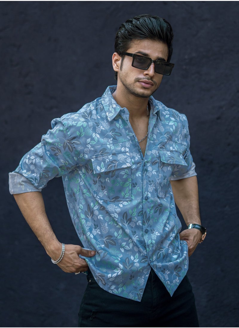 Maniac Maniac Mens All Over Printed Full Sleeve Blue Cotton Shirt  - Image 2