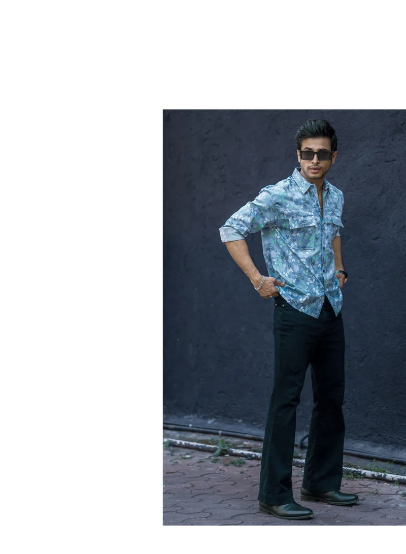 Maniac Maniac Mens All Over Printed Full Sleeve Blue Cotton Shirt