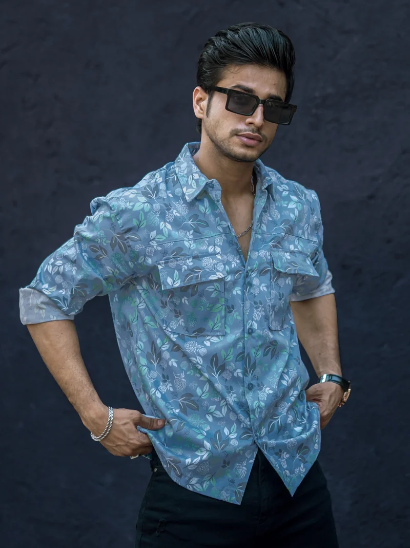 Maniac Maniac Mens All Over Printed Full Sleeve Blue Cotton Shirt