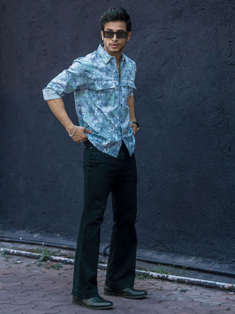 Maniac Maniac Mens All Over Printed Full Sleeve Blue Cotton Shirt