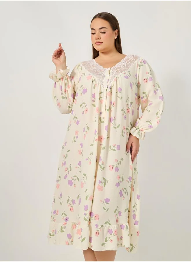 Styli Plus Size All-Over Floral Print Night Dress with Scallop Lace Trims