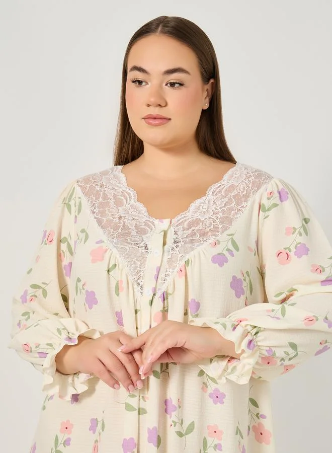 Styli Plus Size All-Over Floral Print Night Dress with Scallop Lace Trims