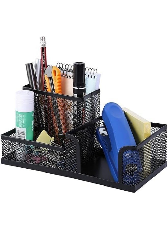 3-compartment metal mesh desk organizer with pen and paper holder, office supplies, storage organizer for home and school accessories, black - Image 1