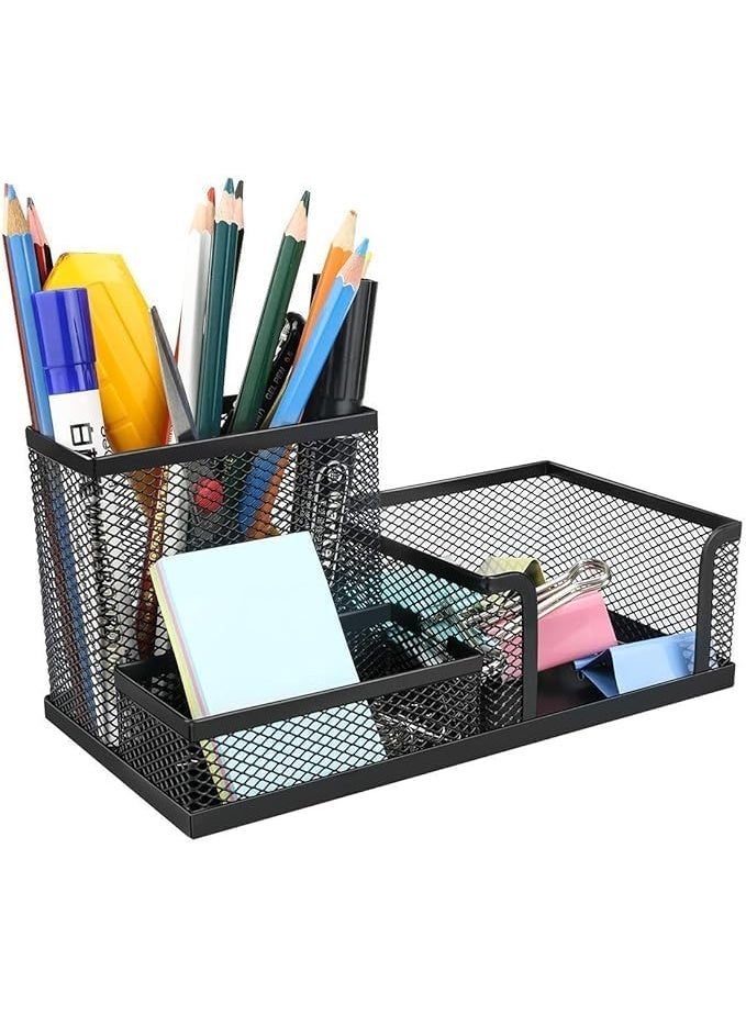 3-compartment metal mesh desk organizer with pen and paper holder, office supplies, storage organizer for home and school accessories, black - Image 4