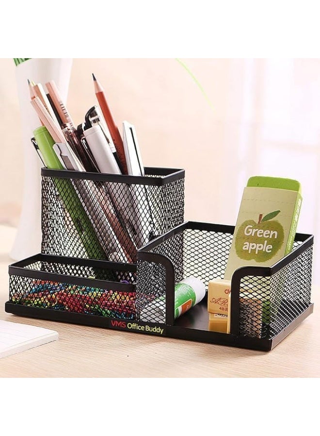 3-compartment metal mesh desk organizer with pen and paper holder, office supplies, storage organizer for home and school accessories, black - Image 3