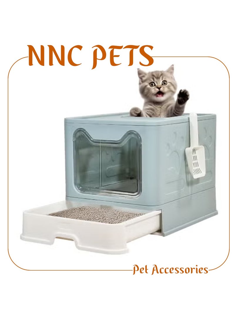 NNC PETS Foldable enclosed cat litter box with Top & Front entry, Transparent door, Sand filter pedal, Litter scoop, and Drawer type, Splash-proof design cat toilet for Indoor cats, Easy to clean 50 cm (Green) - Image 1